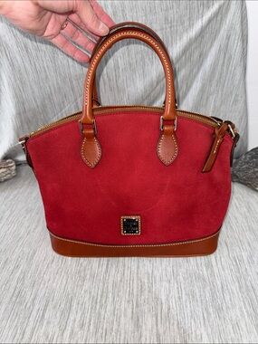 Dooney & Bourke Red Suede Satchel with Brown Leather Trim